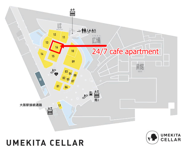 グランフロント大阪地下1階フロアーマップ・「24/7 cafe apartment」の場所