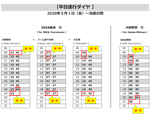 「IKEA梅田大正Expressバス」平日時刻表