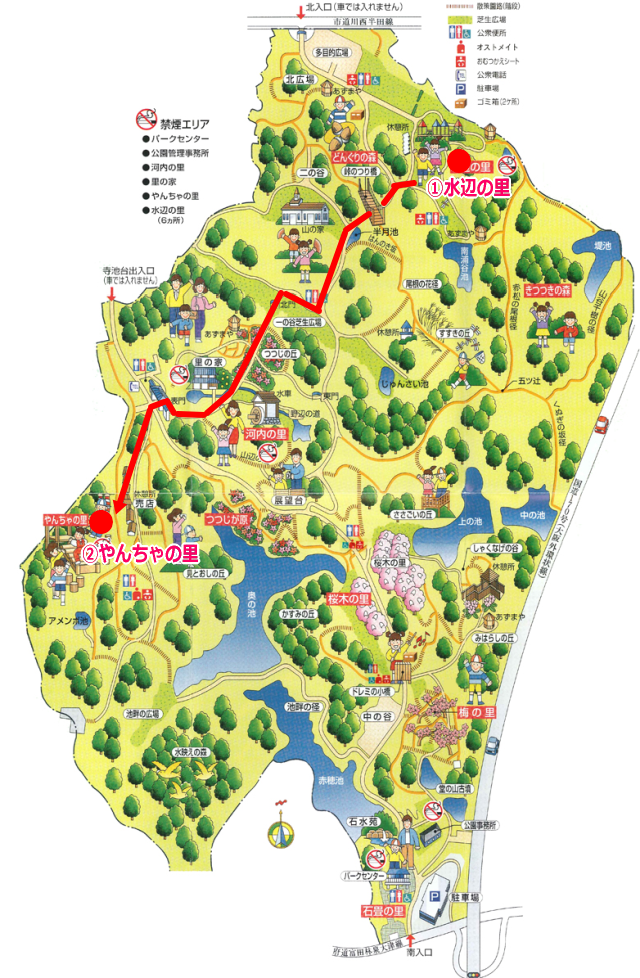 錦織公園「水辺の里」から「やんちゃの里」への道順を書いた地図