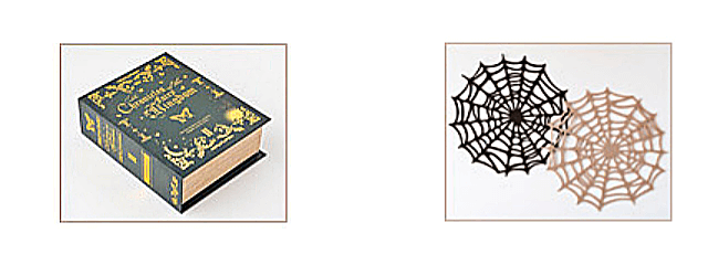 セリアハロウィン2022（魔法書ブック型ボックス、蜘蛛の巣フェルトマット）