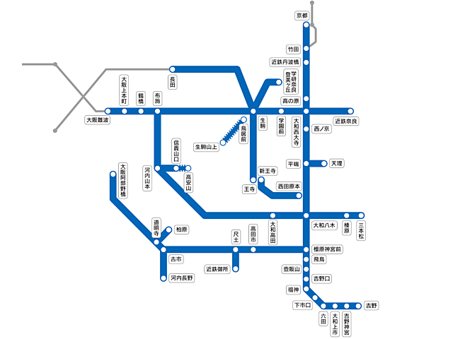 近鉄電車の1日乗車券「近鉄1dayおでかけきっぷ（大阪・奈良・京都版）」の利用可能路線図